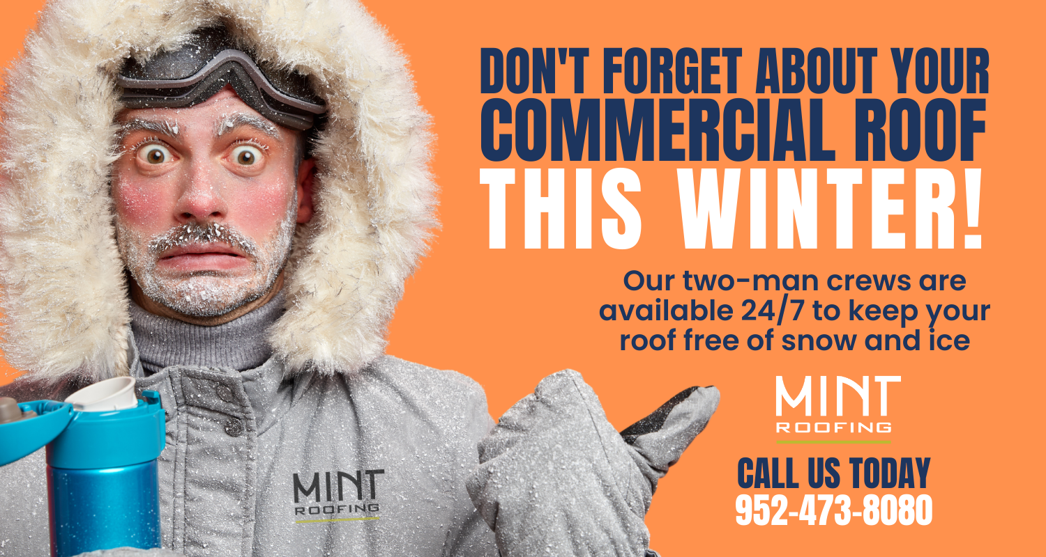 man in parka ad for commercial roof snow removal