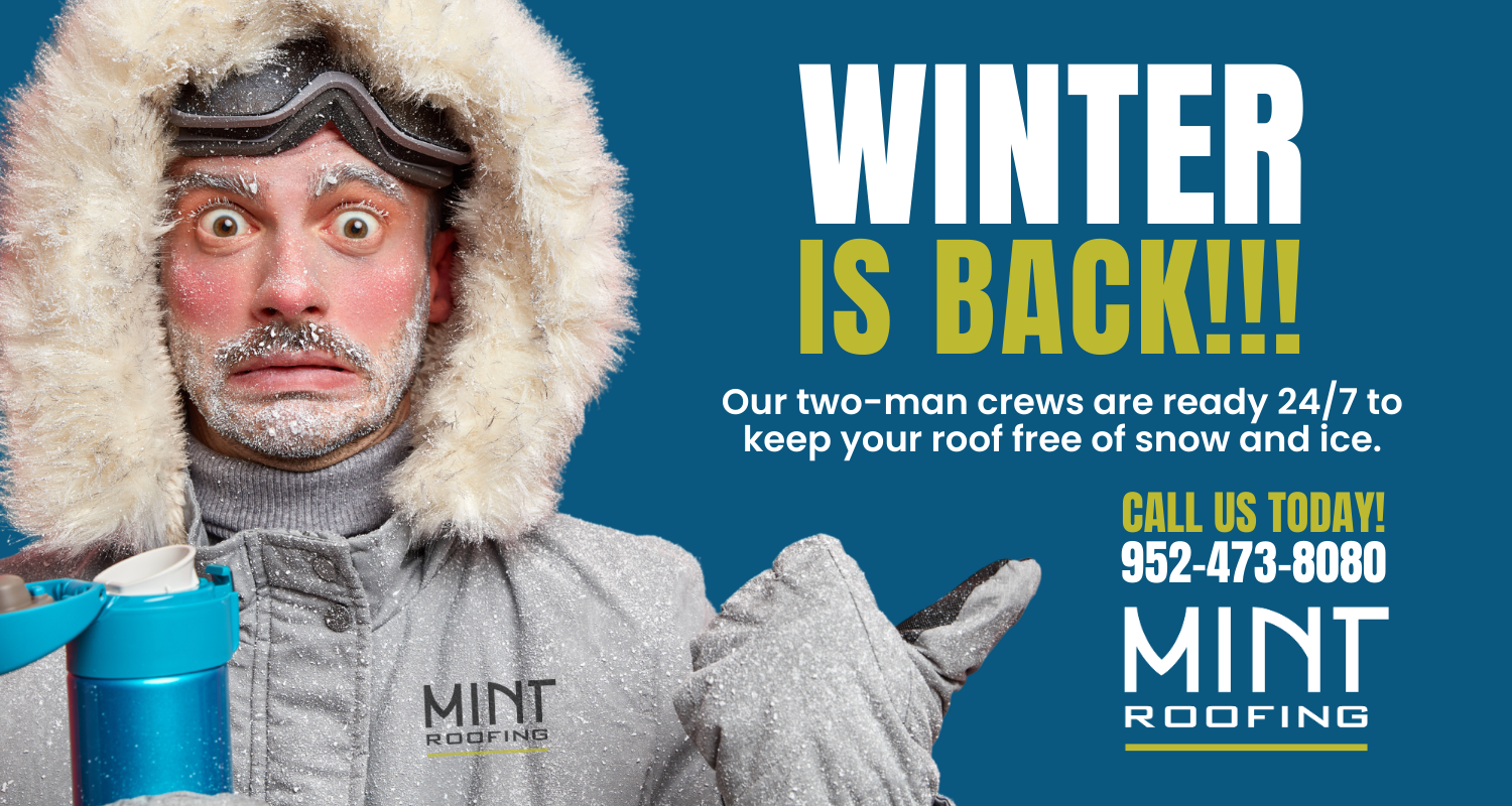 Mint Roofing promotional image for 24/7 commercial snow and ice removal services, featuring a frost-covered technician in winter gear ready to protect flat roofs from harsh winter conditions.
